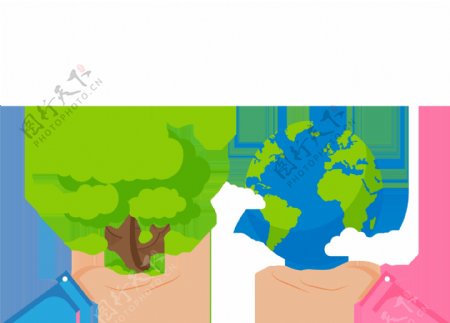 卡通绿色环保地球树木png元素