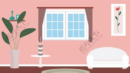 粉色温馨客厅盆栽沙发窗户家居矢量背景