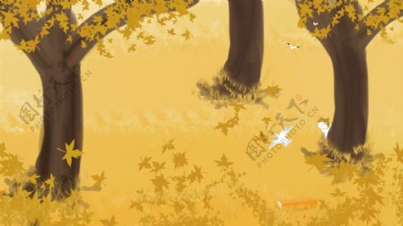 彩绘秋天来了枫树林背景素材