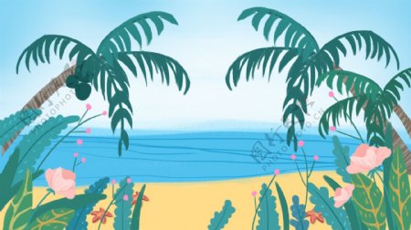 秋季处暑节气海滩椰树背景背景素材