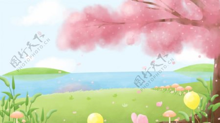 彩绘唯美海边粉色花树草地背景素材