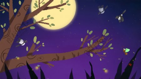 月光下的花枝小鸟背景素材