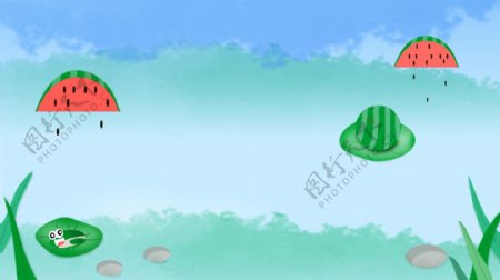 彩绘夏季西瓜雨池塘背景素材