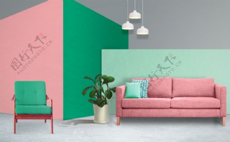粉绿色时尚家居装饰宜家风客厅沙发装修
