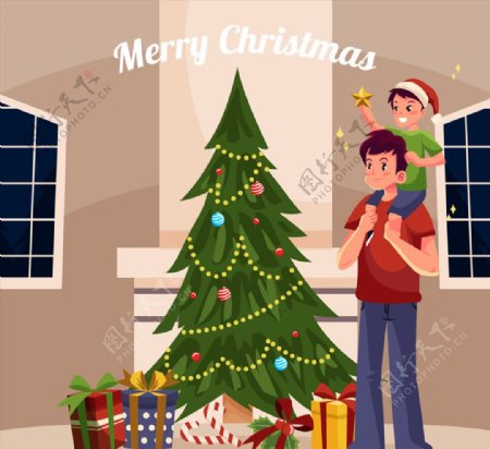 创意圣诞节父子和圣诞树