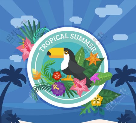 创意热带夏季大嘴鸟标签矢量图