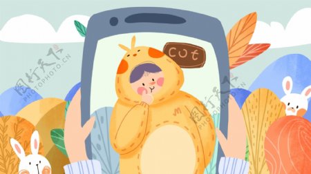 彩色树林中手机拍的女孩卡通背景