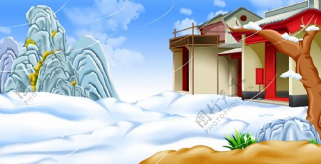 古代冬季雪地房屋背景设计