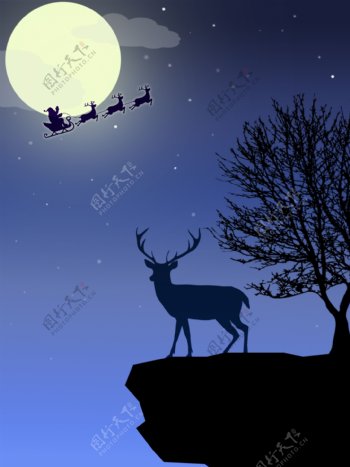 圆月圣诞老人森林之夜圣诞节背景素材
