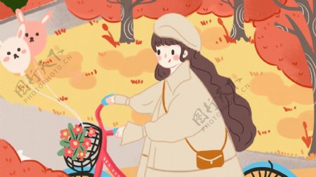 秋天骑自行车的小女孩卡通背景