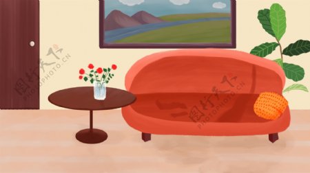 彩绘客厅沙发绿植背景素材