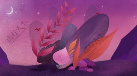 紫色植物叶子卡通背景设计