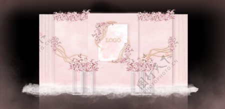 粉色水彩梦幻立体婚礼合影区效果图