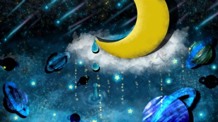 蓝色星空中的月亮卡通背景