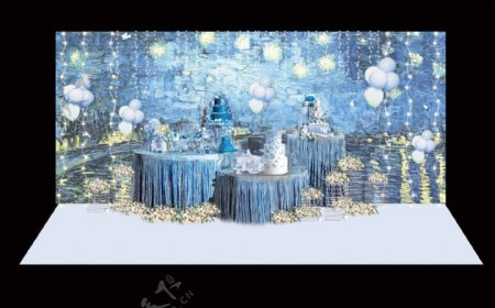 梵高油画蓝色星空主题婚礼甜品区工装效果图