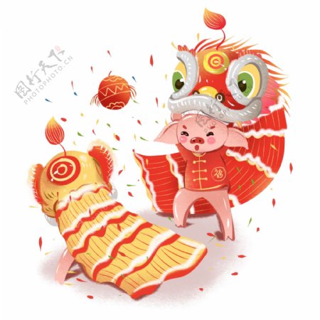 2019春节猪年插画舞狮元素商用喜庆新年春节生肖猪