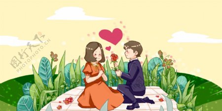 草地上男生送女生玫瑰花卡通背景
