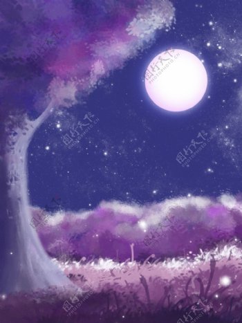 全原创紫色梦幻手绘树林夜晚星空背景