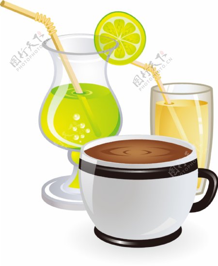清新柠檬绿茶与原味咖啡矢量图