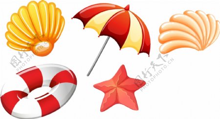 矢量彩色泳圈雨伞和贝壳元素