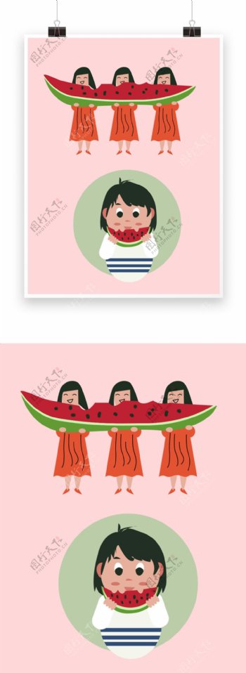 夏至吃瓜插画设计元素西瓜插画