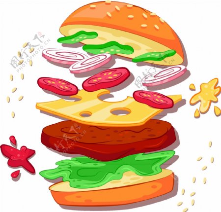 卡通美味汉堡元素