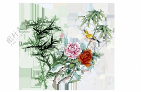 手绘中国水墨花朵元素