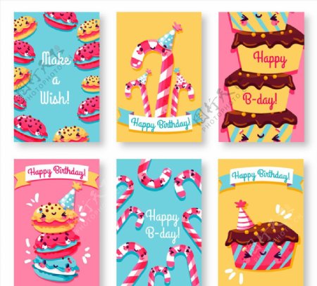 6款可爱表情甜点生日卡片矢量图