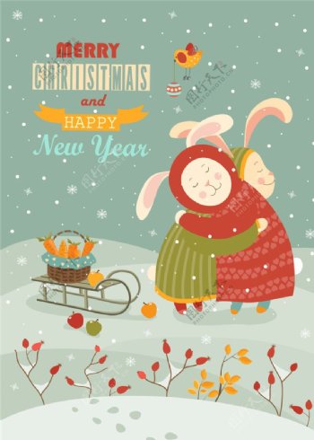 复古圣诞节卡通兔子海报