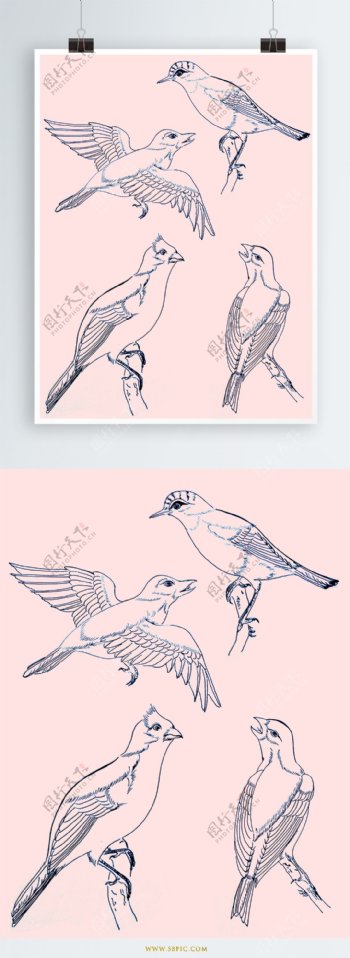 各姿态小鸟手绘线描元素