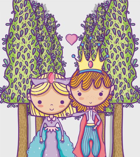 手绘可爱公主王子童话插画