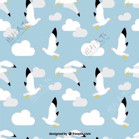 卡通海鸥和云朵无缝背景