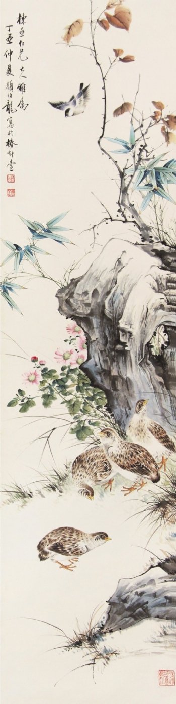 鸟雀岩石树枝画
