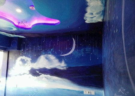 主题酒店手绘墙装饰画星空夜景