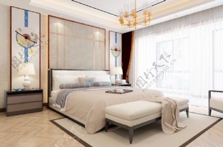 新中式风格清新卧室效果图