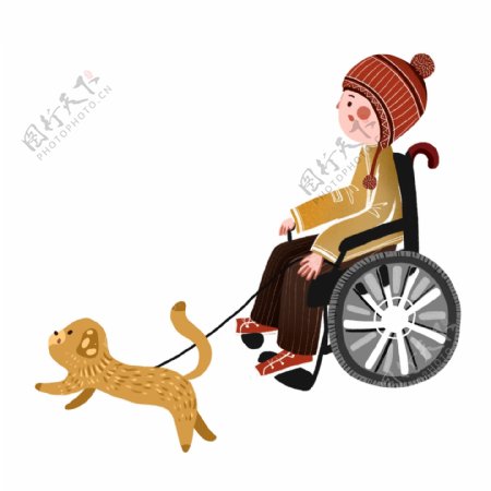 复古肌理坐轮椅的女孩和小狗可商用元素