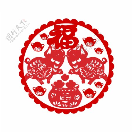 窗花剪纸猪福字新年传统节日手绘插画可商用