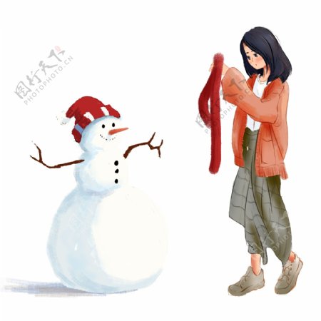 小清新给雪人围围巾的女孩插画人物设计