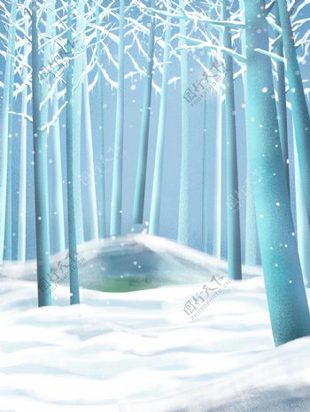 蓝色梦幻冬季树林树木背景设计