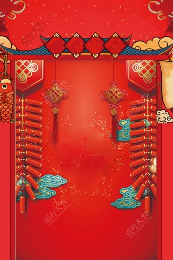 红色鞭炮中国年广告背景图