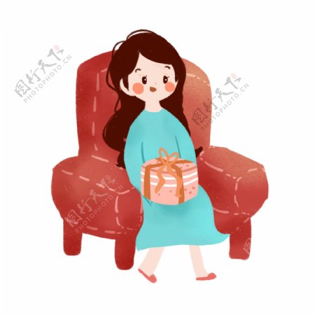 卡通可爱拿着礼物坐在沙发上的女孩