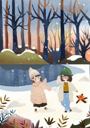 冬季雪景儿童玩耍小清新插画