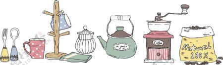 小清新手绘线稿餐具茶壶杯子森系咖啡机绘画