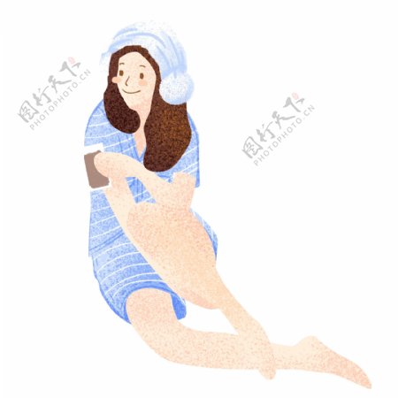 手绘卡通女孩穿着蓝色睡衣原创元素