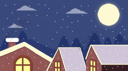 复古像素圣诞节屋顶上方的夜空背景素材