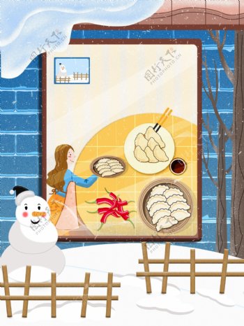 小雪节气女孩包饺子背景