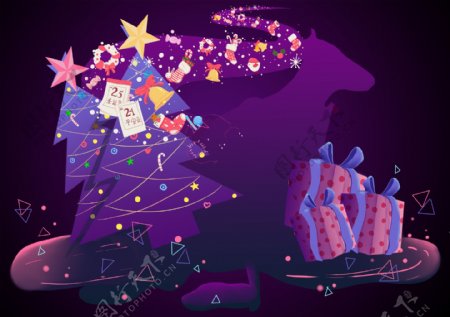 卡通梦幻紫色圣诞礼物背景