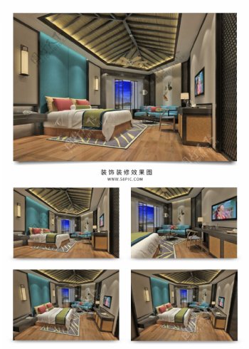 中式风格酒店客房设计效果图