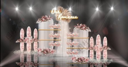 粉色纱网拱门造型大理石雕塑金边婚礼效果图