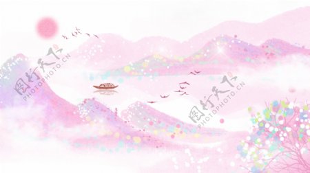 粉色梦幻清新中国风水墨山水插画